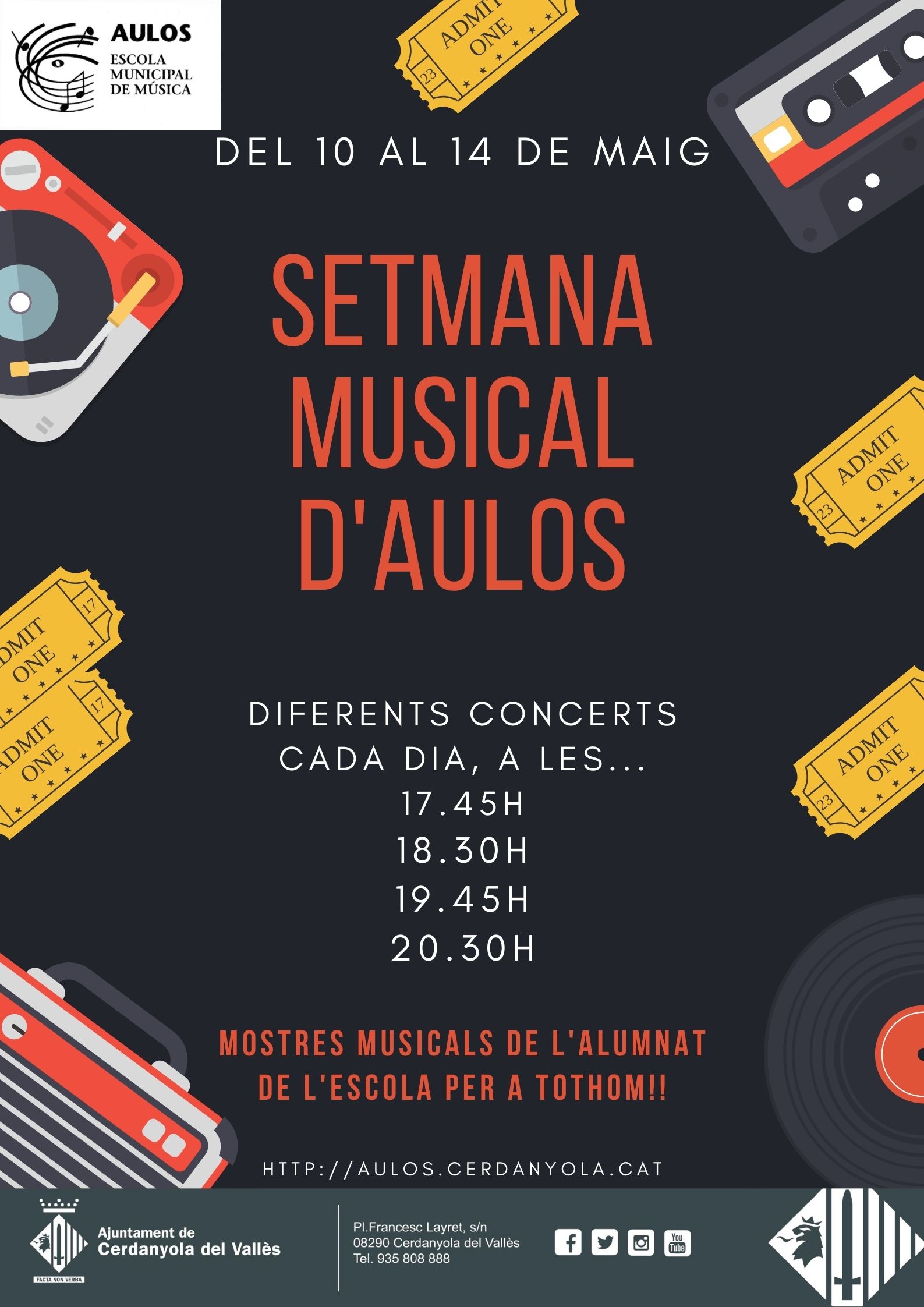 Us anunciem que s'ha programat la setmana musical d'AULOS amb mini-concerts d'alumnes dirigits a familiars i alumnat mateix de l'escola i que és obert a tothom